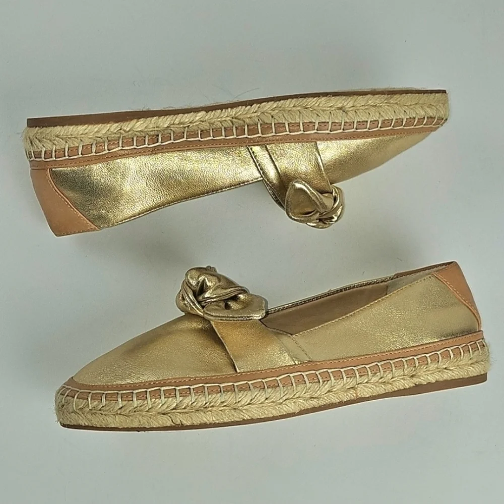 NWT Antonio Melani Locklinn Gold Metallic Leather Knotted Bow Espadrille Flat